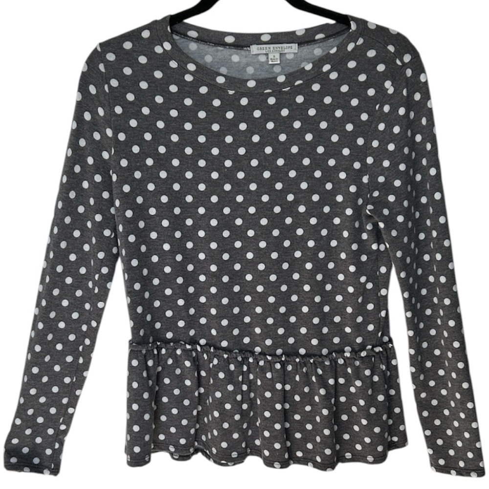 🟣 4/$15 Green envelope LA Charcoal White Polka Dot Top ruffle bottom
